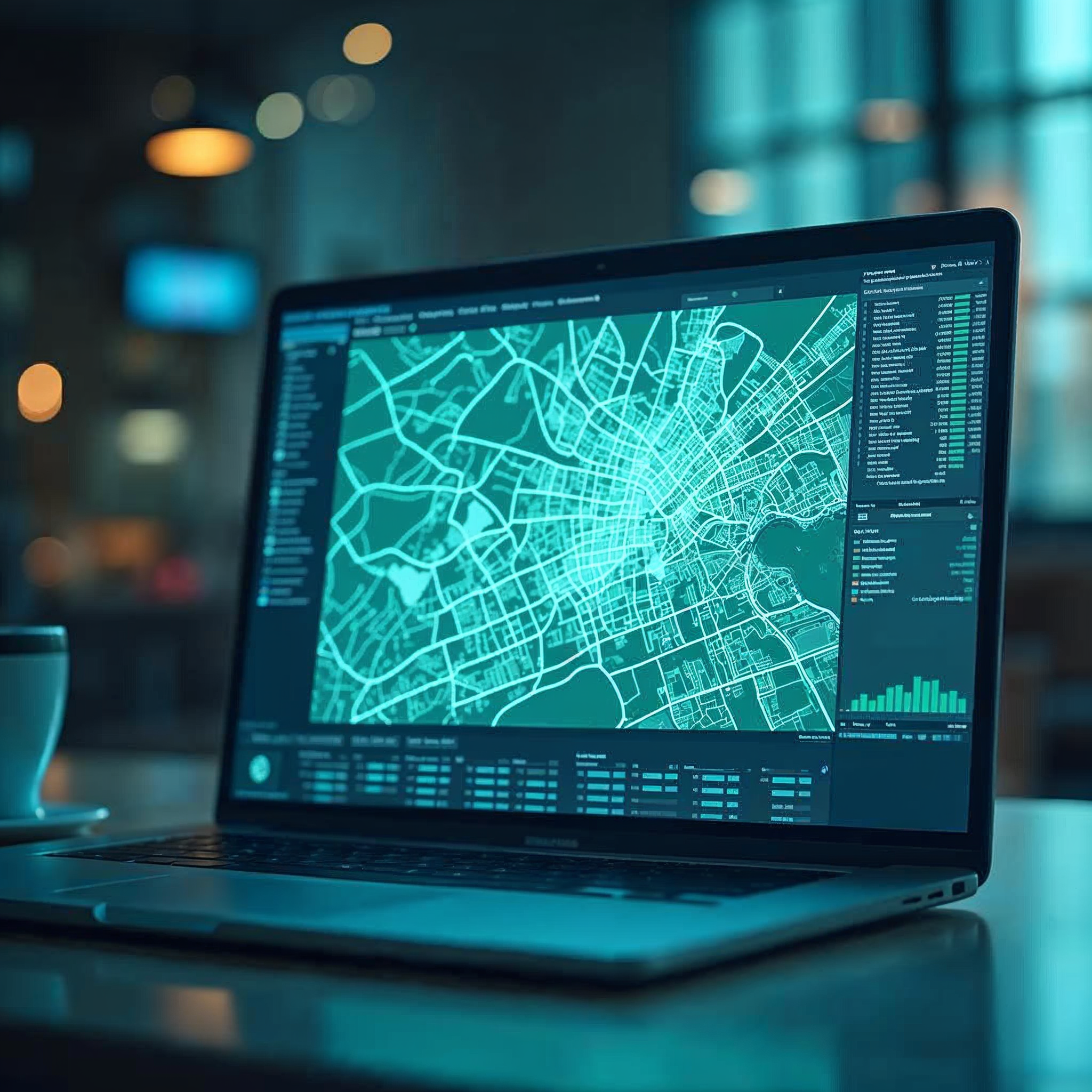 Интерфейс карты с отдельным compact geoanalytics виджетом и полупрозрачным dropdown.